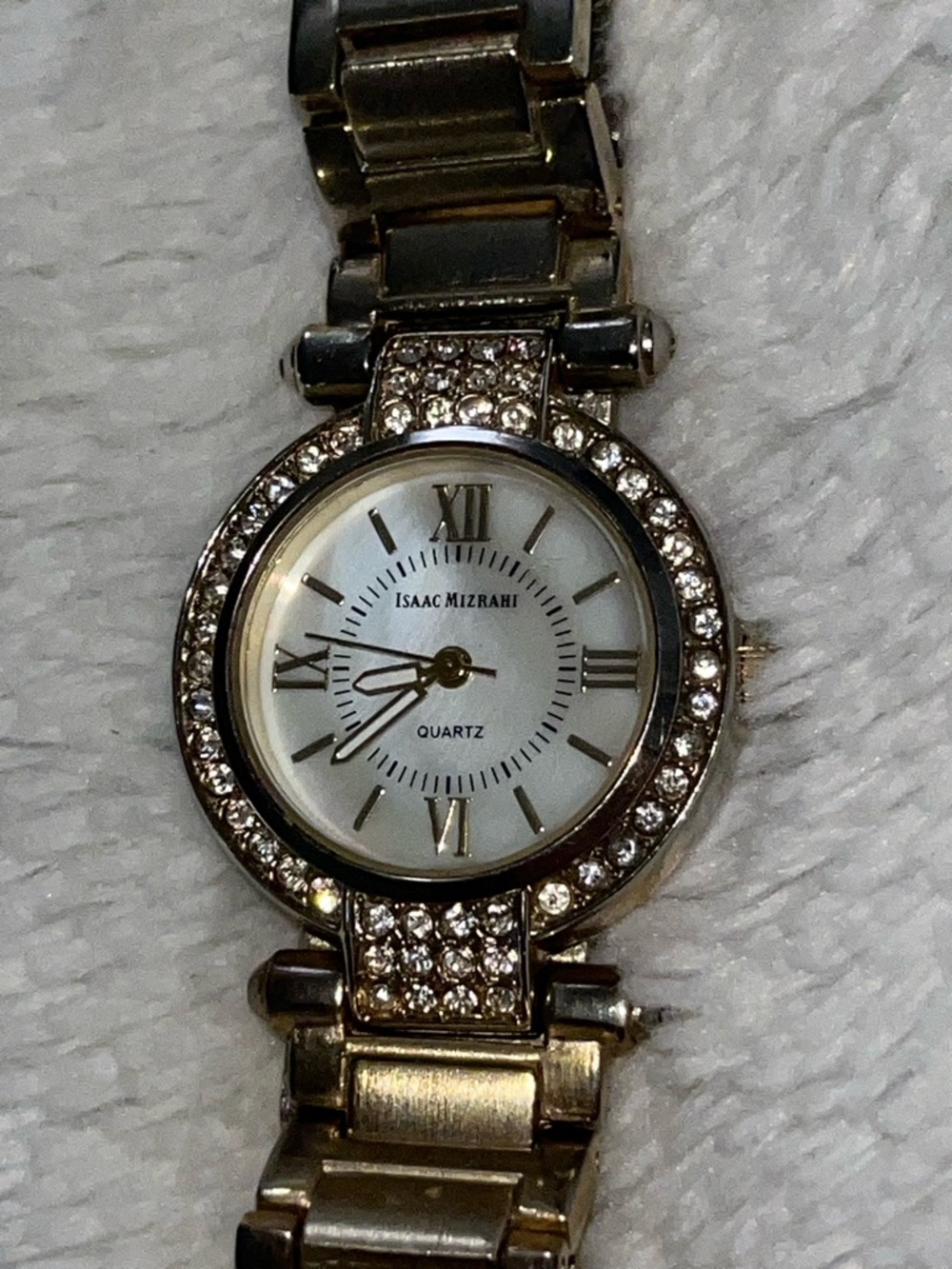 Isaac Mizrahi Gold Tone Crystal Accent Watch with Mother-of-Pearl-Like Face